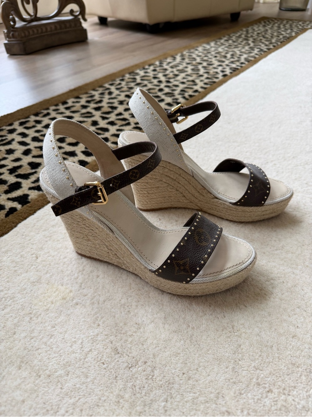Louis Vuitton Brown Monogram and Cream Espadrille Wedge Sandals